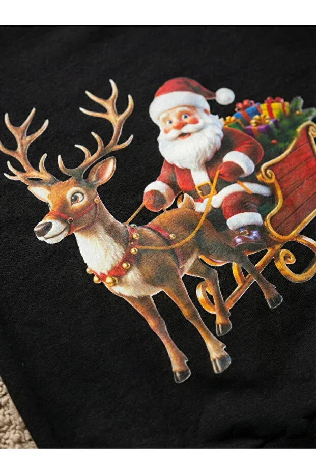 Детские свитшот для девочек с принтом Christmas themed santa claus and deer printed Muba Kids, Black — фото 3