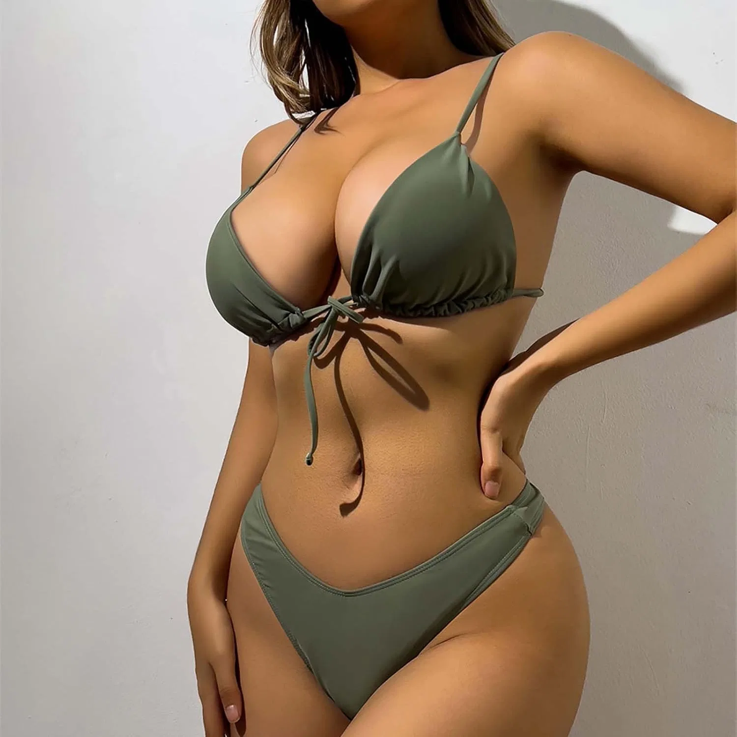 Женский бикини с высокой талией и V-образным вырезом Twist, Army Green — фото 2