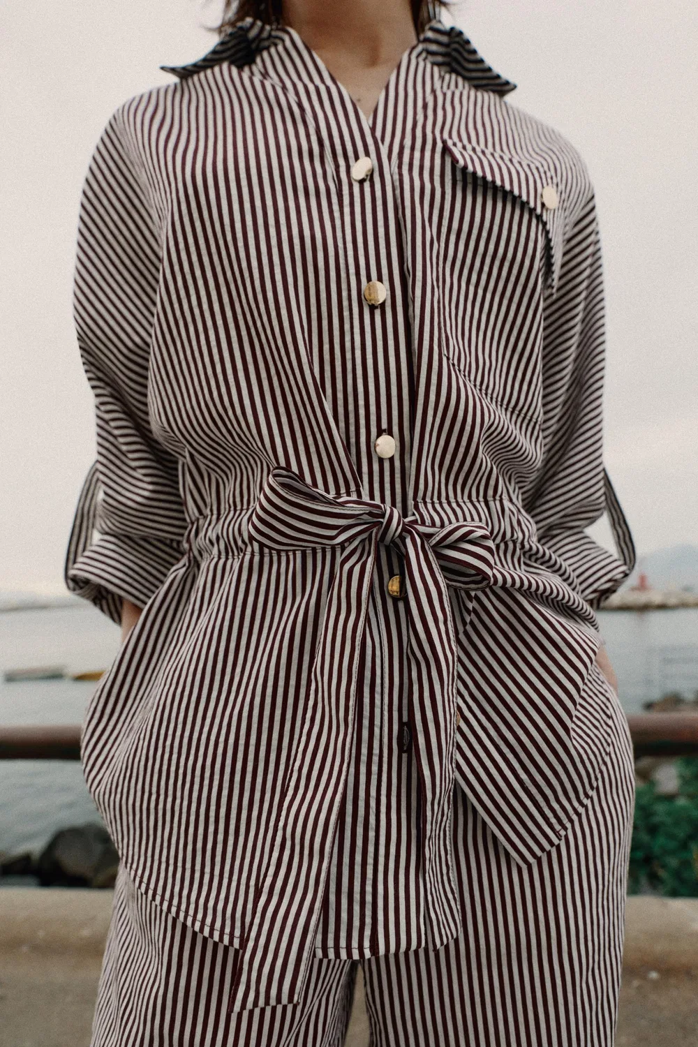 Полосатая рубашка в стиле сафари ZARA, Brown/White — фото 2