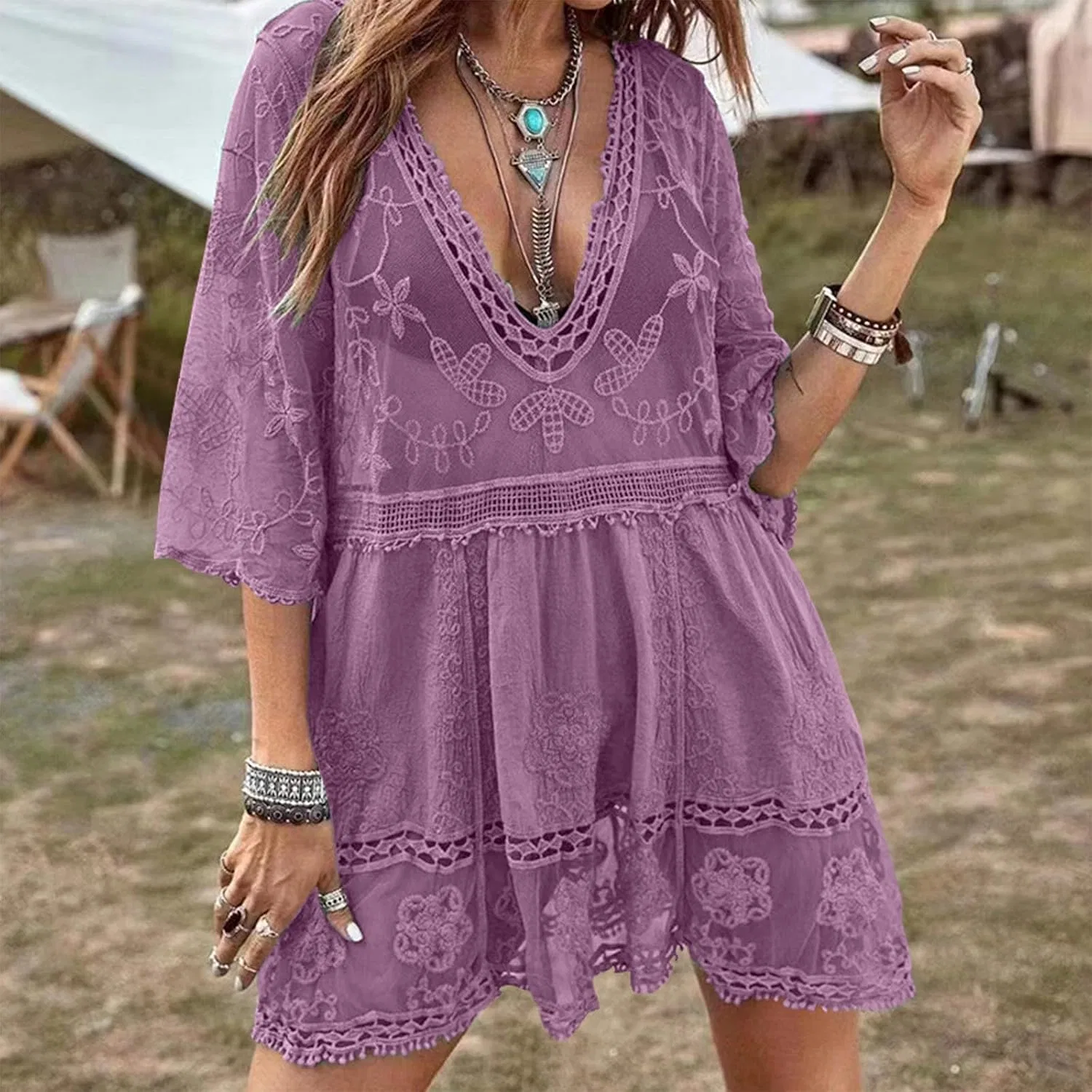 Женское платье-туника с кружевной аппликацией, Purple — фото 2