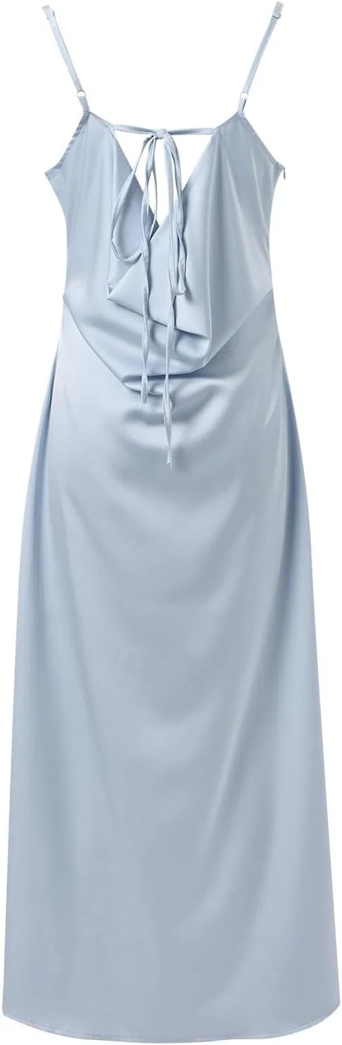 Женское атласное коктейльное платье на бретелях, Light Blue — фото 4