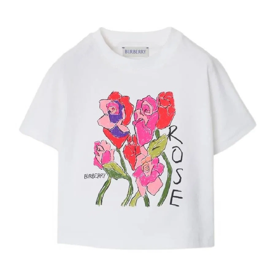 Футболка хлопковая с принтом Girls Rose Graphic Print Cotton T Shirt Burberry, White