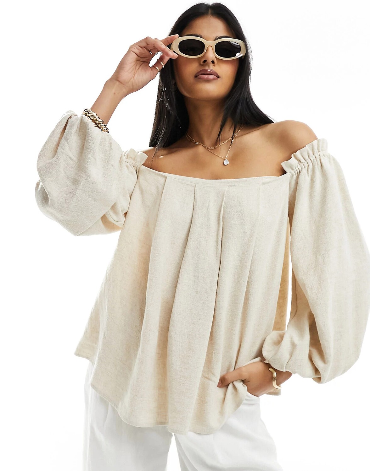 

Топ Asos Design Linen Look Off Shoulder Pleated, светло-бежевый