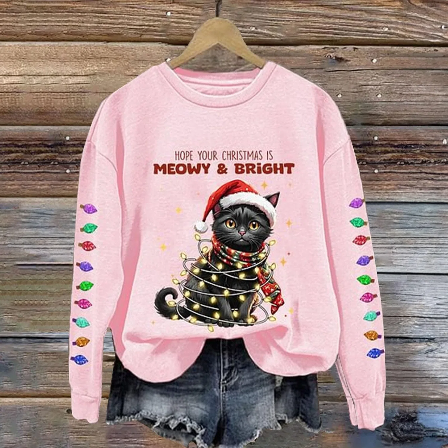 Женский свитшот с принтом Christmas Tree Funny Cat Say What Woman Pullover, Z03 Pink — фото 2