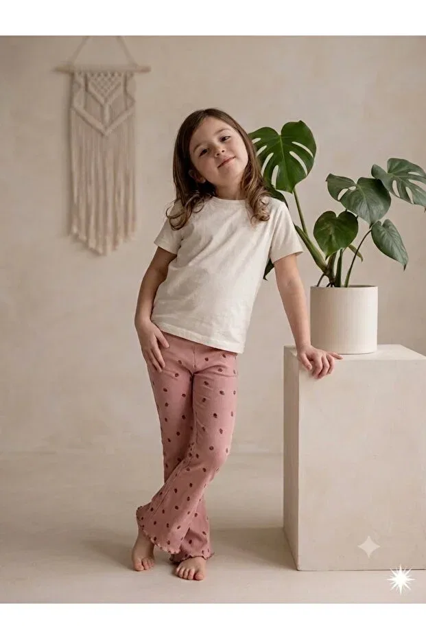 Детские леггинсы для девочек с принтом Strawberry Patterned Ribbed Spanish Leg Summer Saydamoda, Pink