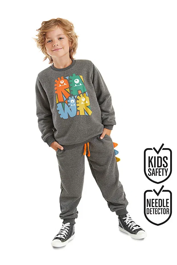 Детский комплект спортивного костюма для мальчиков с принтом Rawr Tırtırlı Denokids, Gray