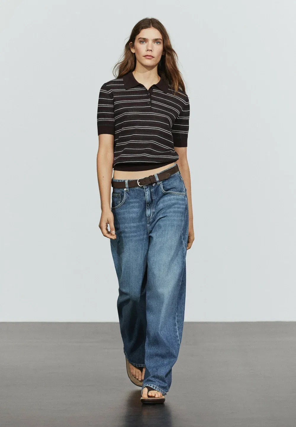 Поло из хлопковой смеси в полоску, ажурной вязки Massimo Dutti, Dark Blue — фото 2