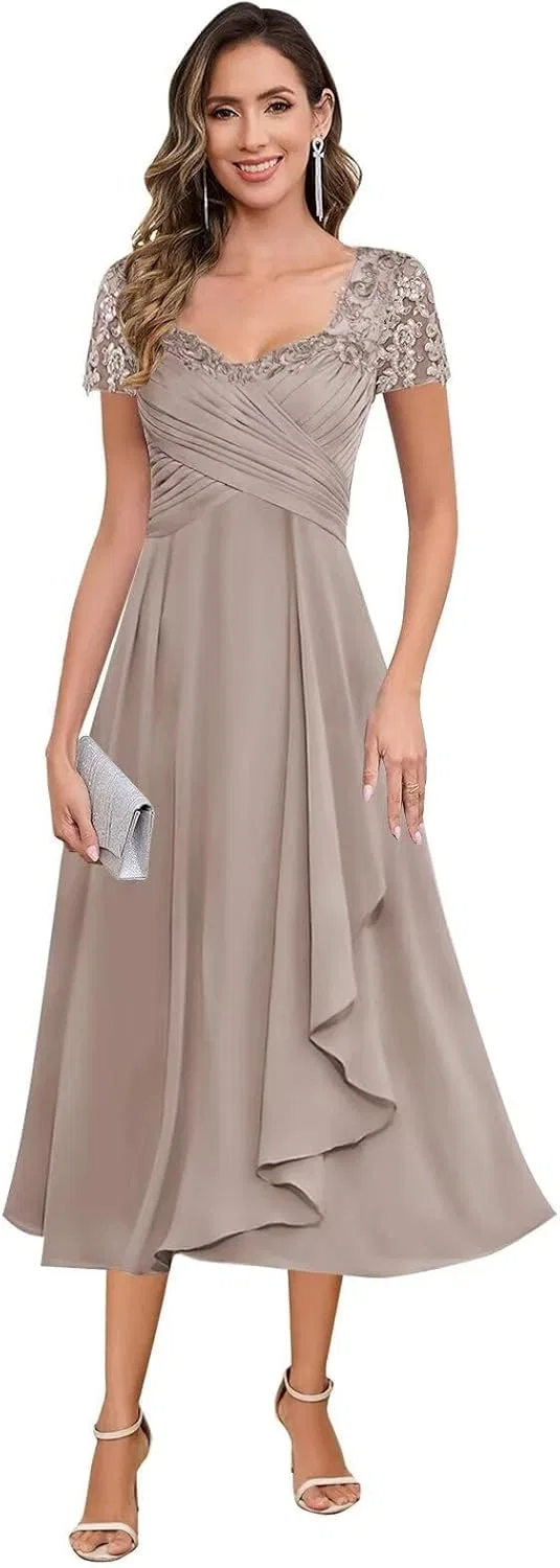 Женское платье миди с кружевными аппликациями A-line Chiffon, Taupe