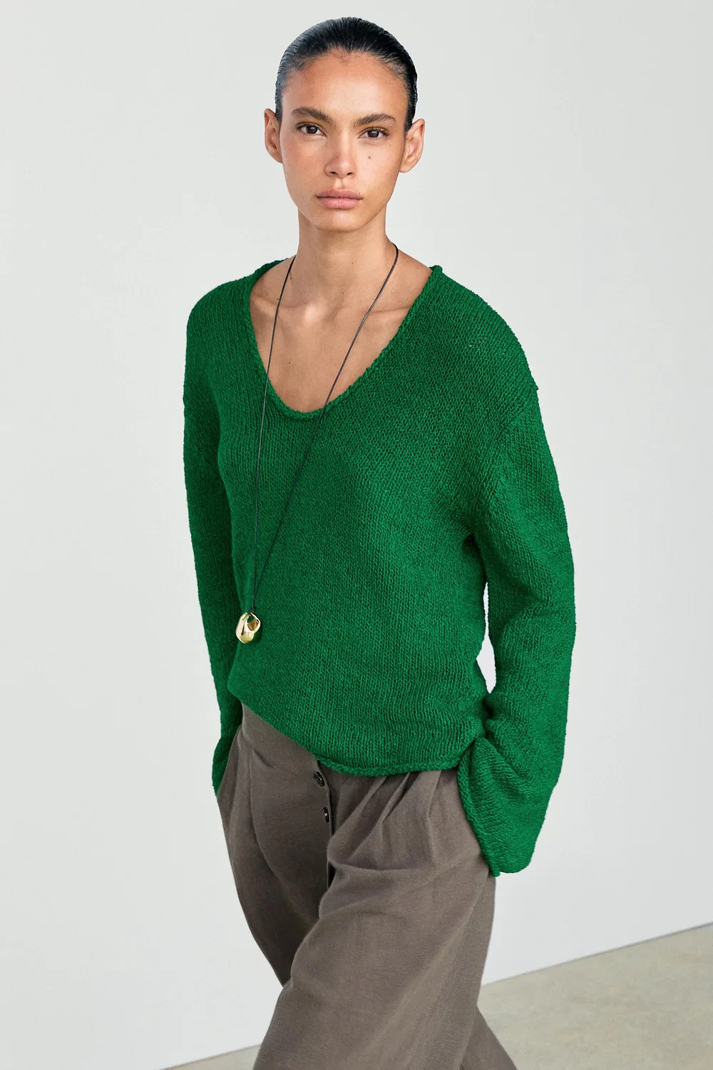 Свитер Massimo Dutti Cotton-Blend Knit, зеленый