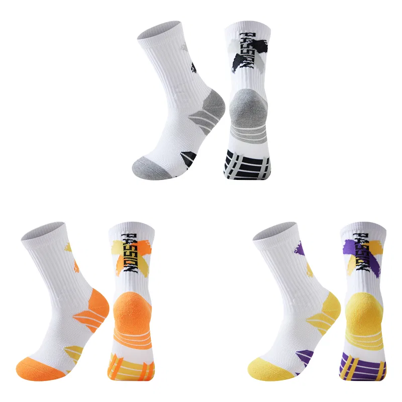 Детские баскетбольные носки, комплект из 3 пар, 3 Pack (Gray Black+Orange Yellow+Yellow Purple), PLANDOO