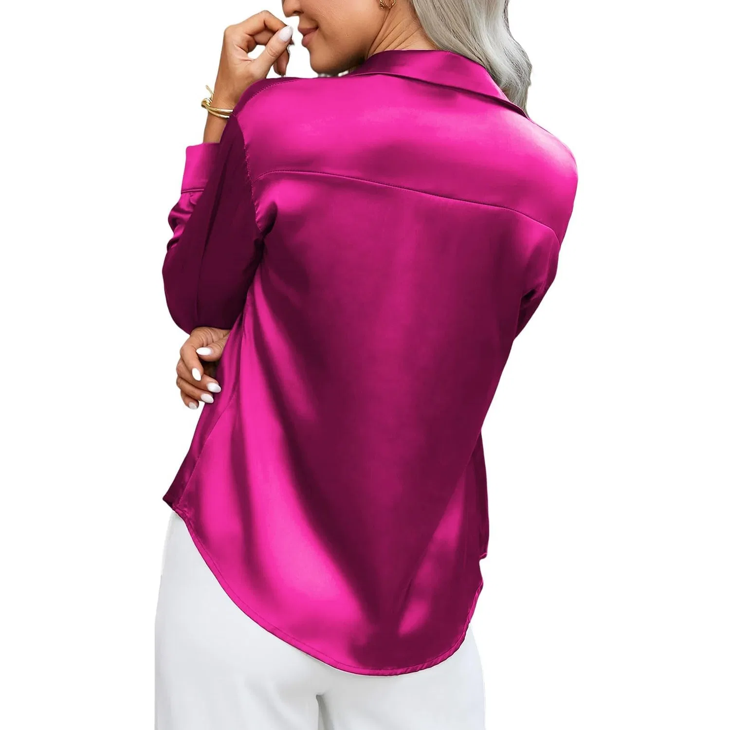 Женская блузка из атласа с длинным рукавом V-образным вырезом, Hot Pink — фото 3