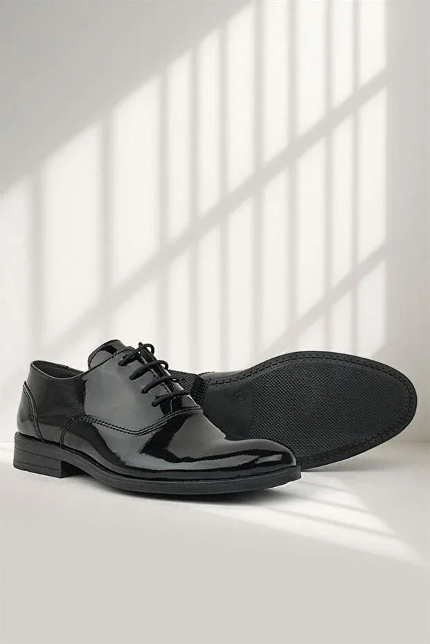 Детские классические туфли для мальчиков с коротким каблуком Smokin black patent leather lace-up Rakerplus, Black