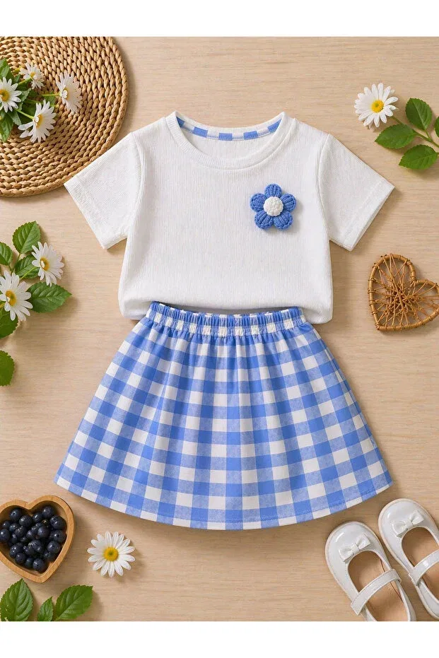Детский комплект для девочек с принтом Daisy print stretchy camisole bodysuit and waffle plaid skirt 2-piece set Ygz Junior, Bluekose — фото 2