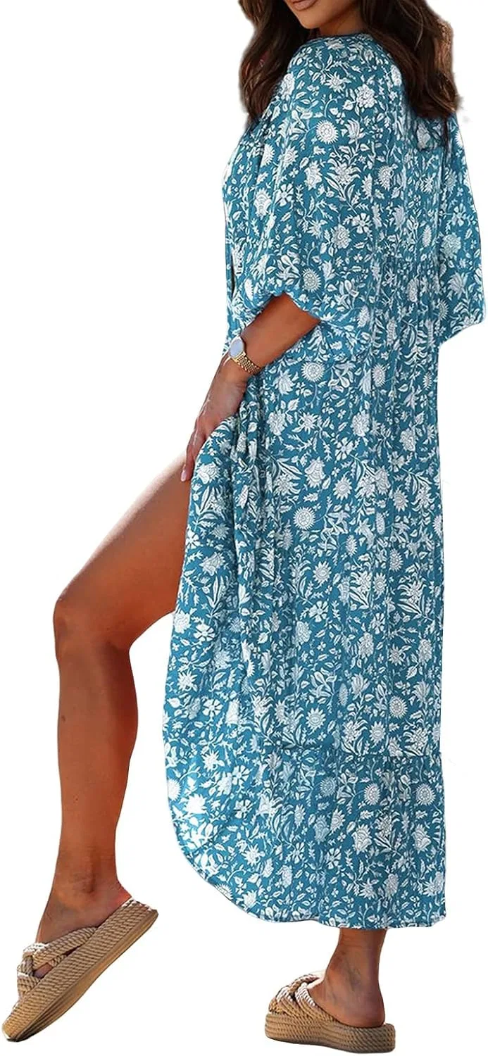 Женское свободное летнее платье макси V-образным вырезом Boho, Blue — фото 3