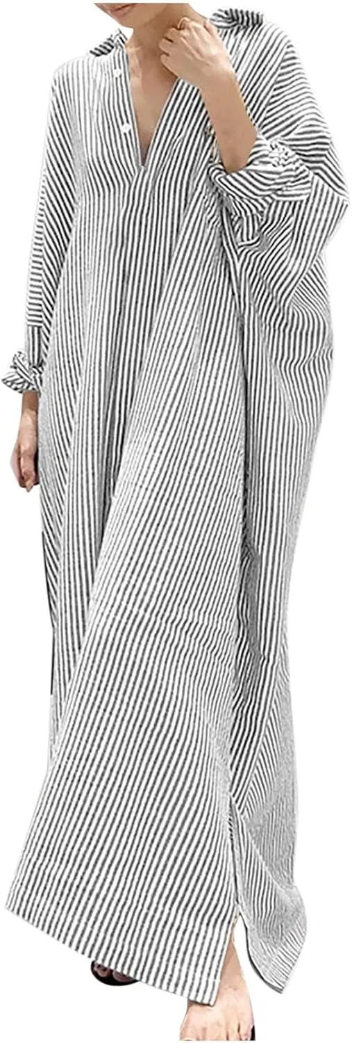 Женское платье-рубашка в полоску макси Cotton Linen, Gray