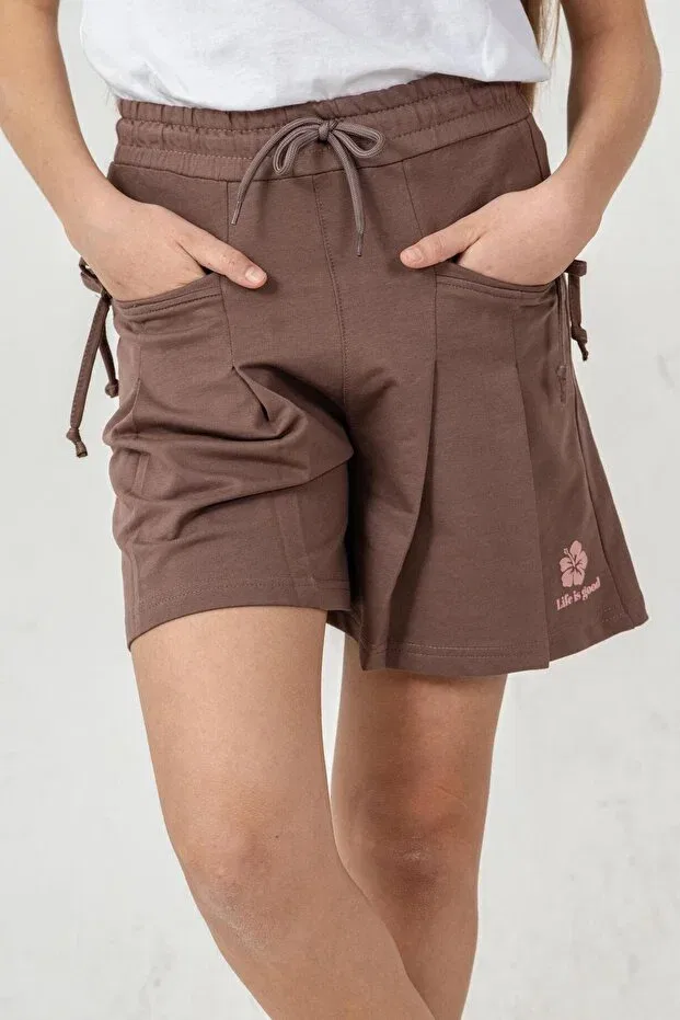 Детские шорты для девочек с принтом Life is good printed pockets bowknot Mışıl Kids, Brown — фото 2