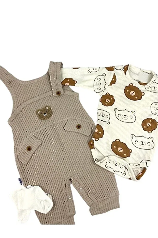 Детский комбинезон для мальчиков с принтом Bear patterned baby boy 3-piece romper set Arin Baby, Brown — фото 4