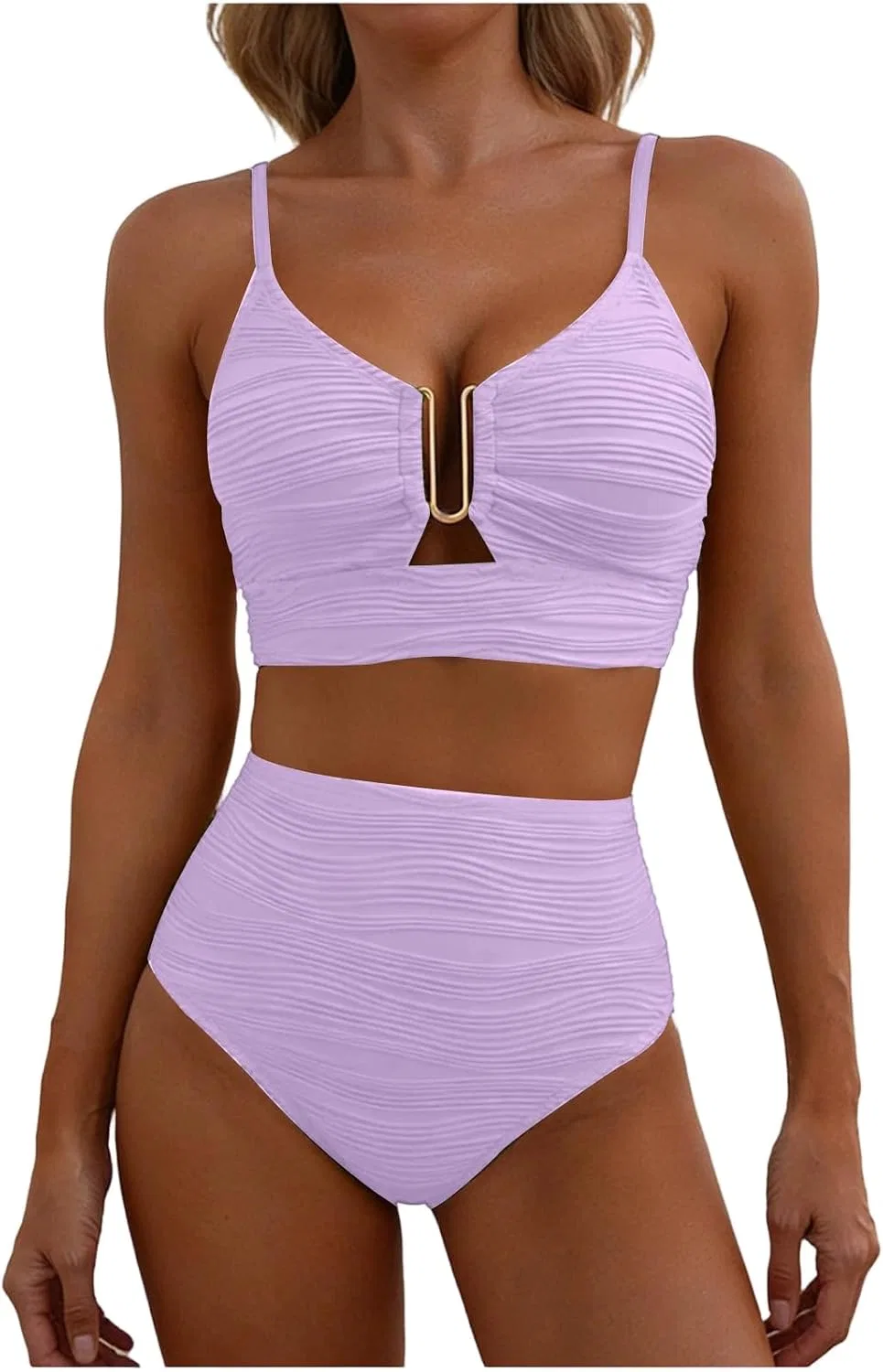 Женский бикини-комплект с высокой талией, Solid, Light Purple