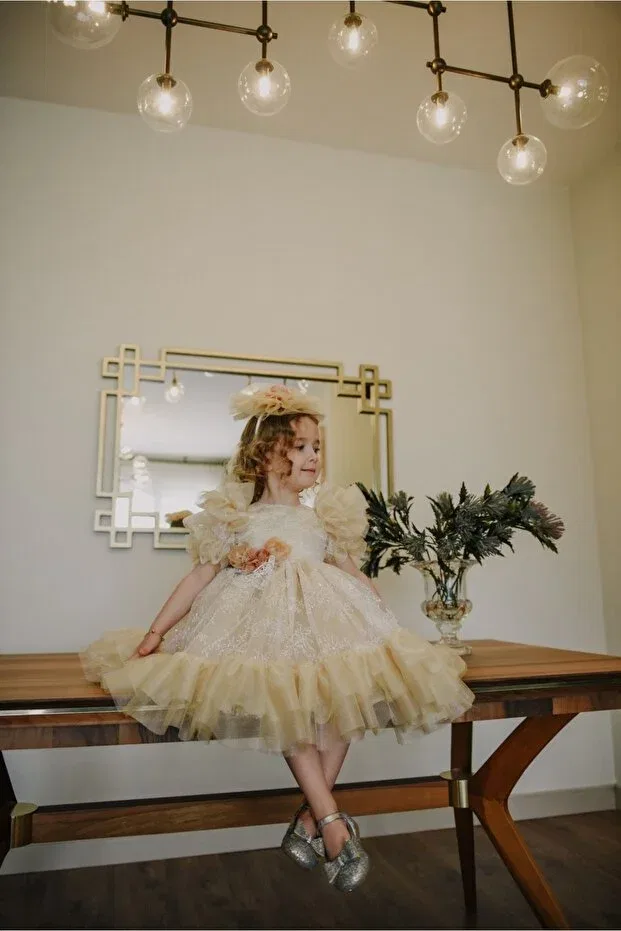 Детское платье для девочек с длинным рукавом Special Design Girls' Formal Dress With Crown Accessory Graduation Dress Mialora Exclusive By Emel Ebru Özdemir, Sarı — фото 3