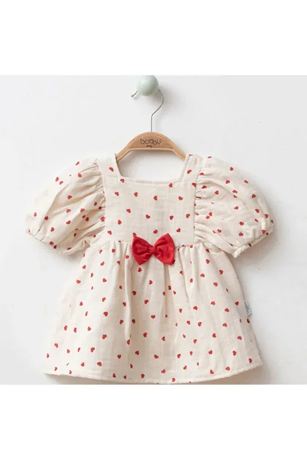 Детское платье для девочек хлопковое Baby girl heart patterned balloon sleeve bow detailed stylish cotton dress Bobby Baby, Red