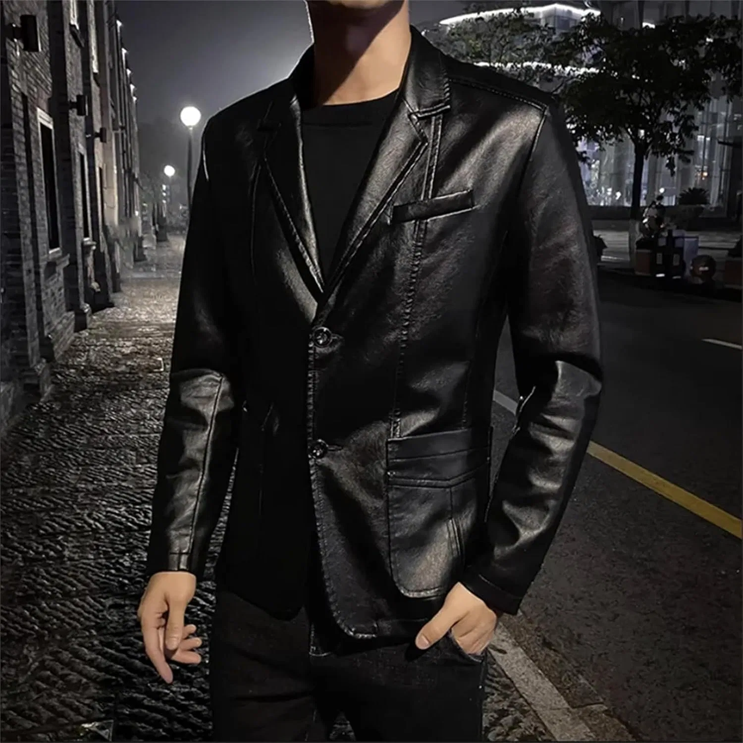 Мужское кожаное пальто с воротником-стойкой, Slim Fit, чёрный — фото 4