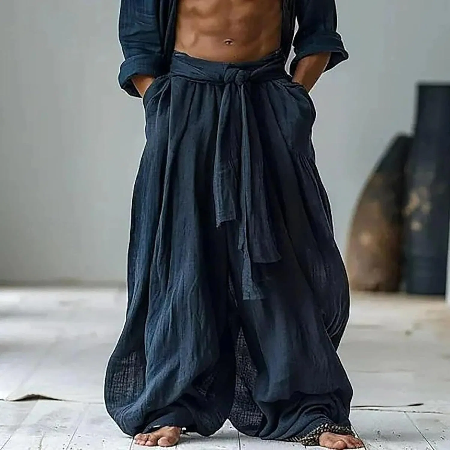 Мужские свободные брюки из хлопка и льна с завязками, Wide Leg, тёмно-синий — фото 2