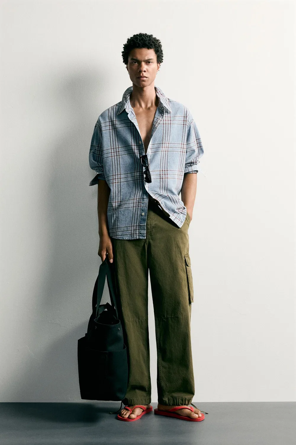 Рубашка из денима свободного кроя в клетку ZARA, Light blue