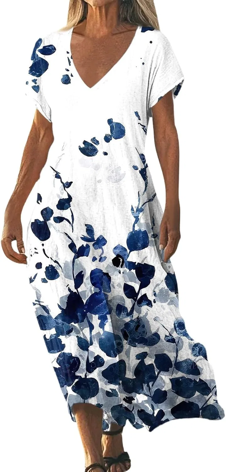 Женское летнее макси-платье с V-образным вырезом, цветочный принт, Flowy, Cotton Linen, Blue