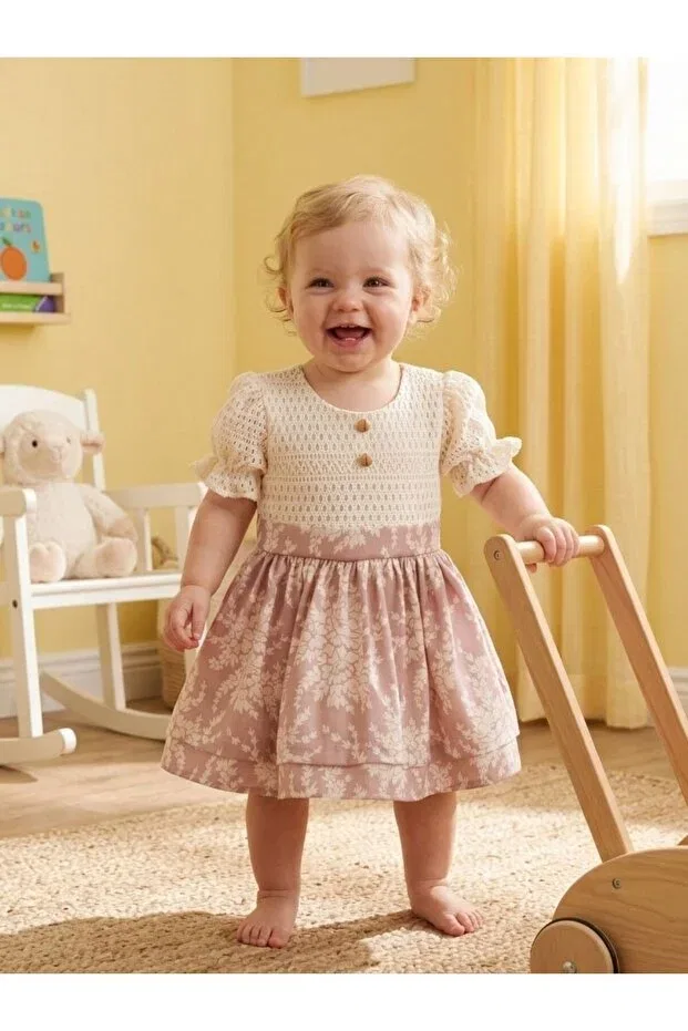 Детское платье для девочек льняное Tuğçe linen girl's dress Cherrys Bebek, Powder