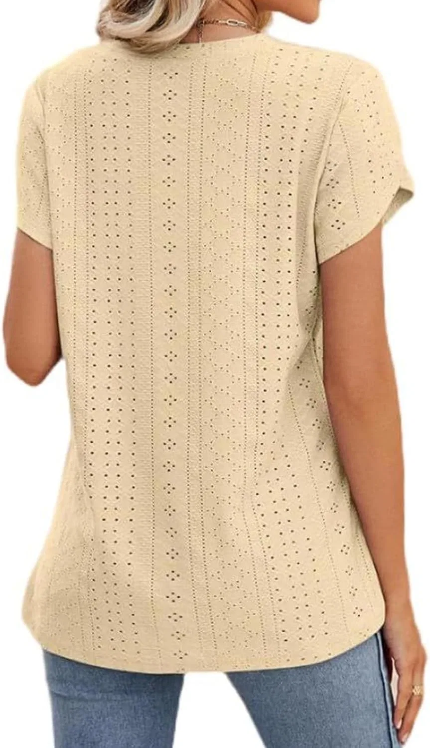 Женская футболка с вышивкой eyelet V-образным вырезом, Yellow — фото 3