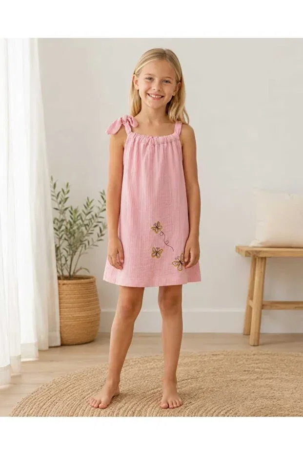 Детское платье для девочек хлопковое Butterfly Embroidered Summer Muslin Kidsense, Dark Pink — фото 2