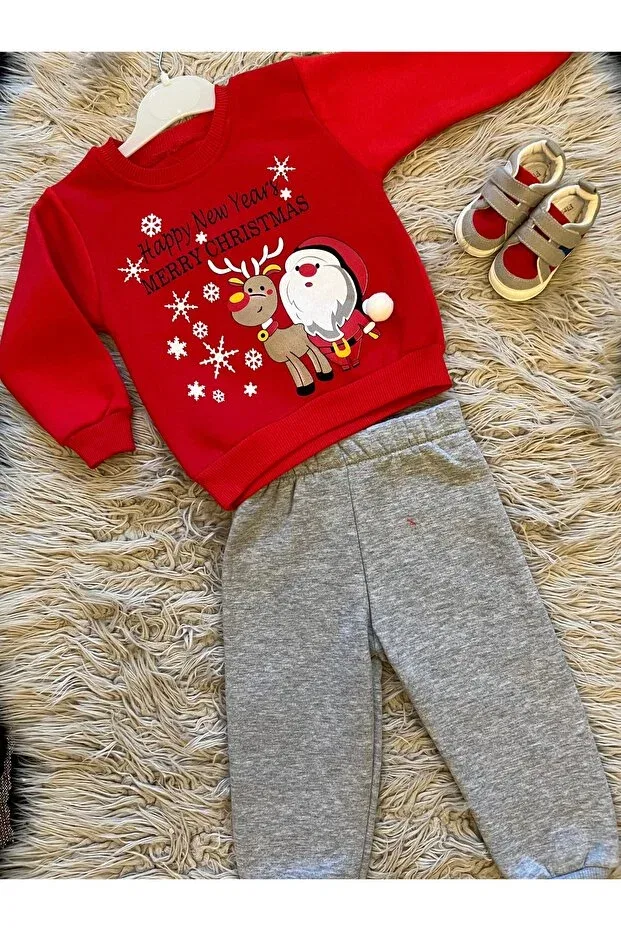 Детский спортивный костюм с принтом New Year'S Pompom Detailed Winter Hoodie Enes Baby, Red Santa Claus