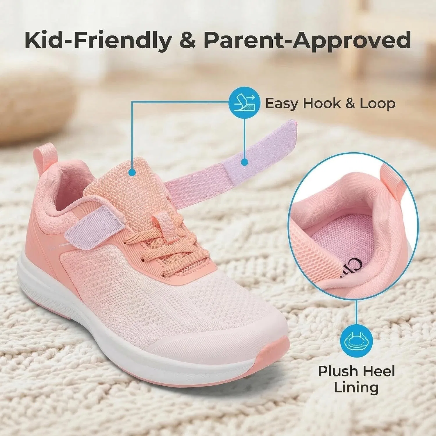 Детские легкие кроссовки с широким носком для мальчиков и девочек Clifun, White/Pink — фото 4