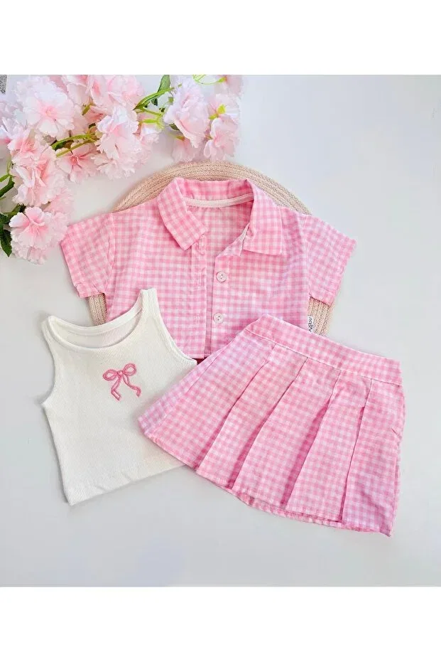 Детский комплект для девочек с полоской Gingham shirt & badi & skirt 3-piece set Bobby Baby, Pink — фото 2