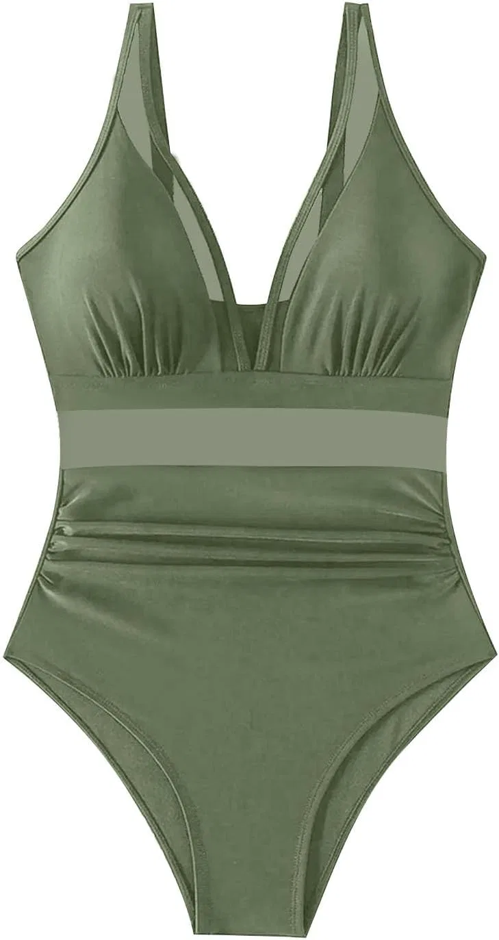 Женский слитный купальник с V-образным вырезом и сеткой, Army Green — фото 3