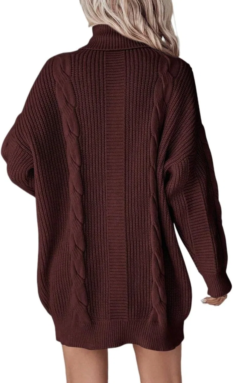 Женское длинное платье с высоким воротом свитер вязки кабель Drop Shoulder, Coffee Brown — фото 2