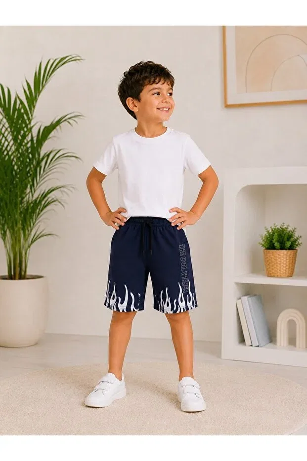 Детские шорты для мальчиков с принтом Flame Pattern By Solana Kids, Navy Blue