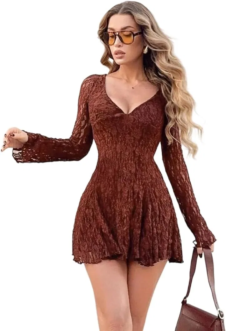 Женское платье для вечеринок V-образный вырез кружево, Dark Brown