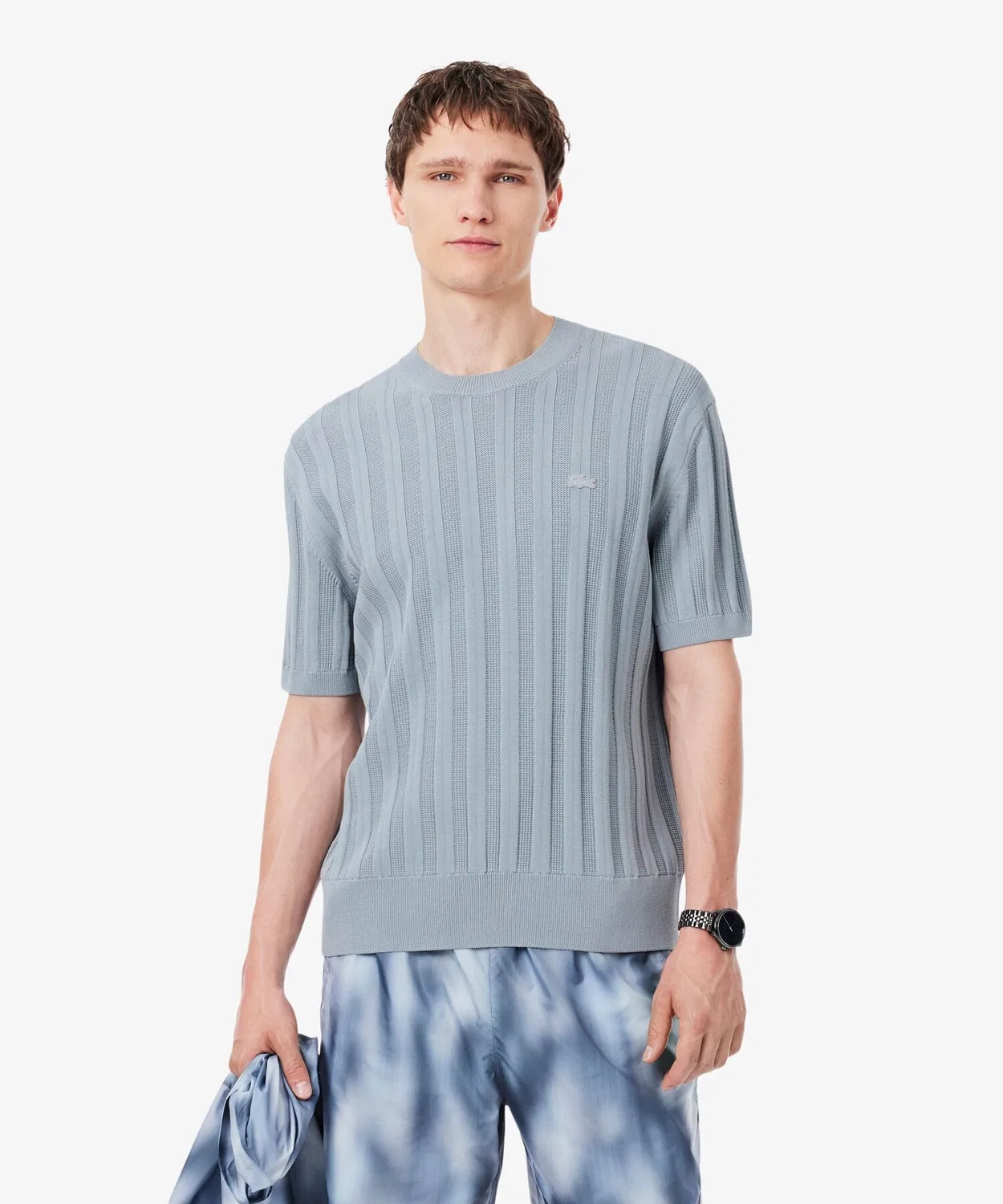 Мужской пуловер с коротким рукавом из полосатого риба Lacoste, Light Grey