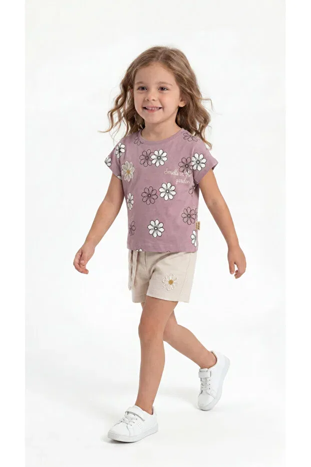 Детский комплект футболки и шорт с принтом Floral Patterned Appliqued Belted Mışıl Kids, Lilac — фото 2
