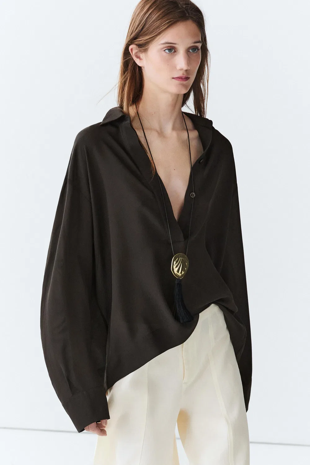 Рубашка Massimo Dutti, свободный крой, шоколадно-коричневый — фото 2