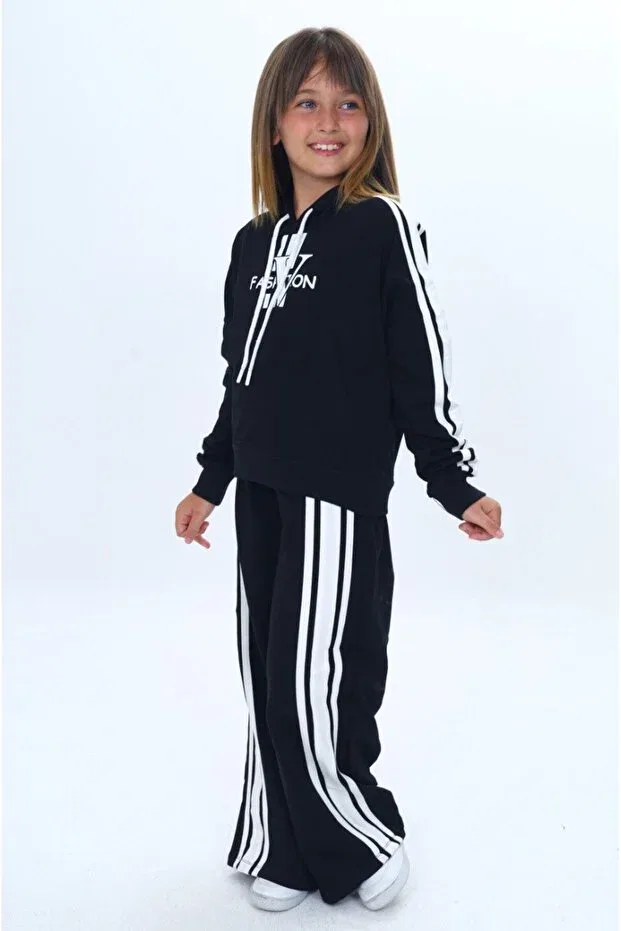 Детский спортивный комплект для девочек оверсайз Oversize 2 thread girls sports bottom & top tracksuit set Joui Co, Black — фото 2