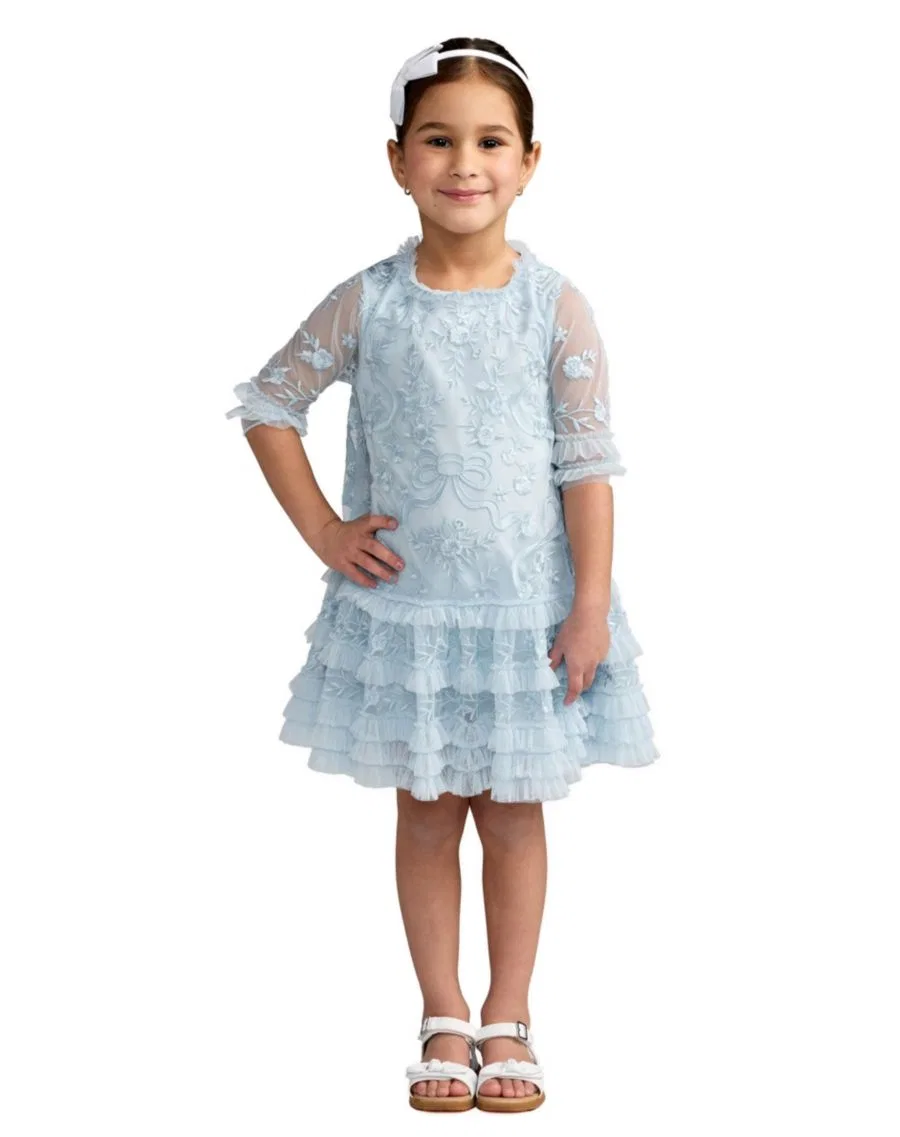 Платье мини с вышивкой и рюшами Little Girls Micro Ruffle Embroidered Mini Dress Mac Duggal, Powder Blue