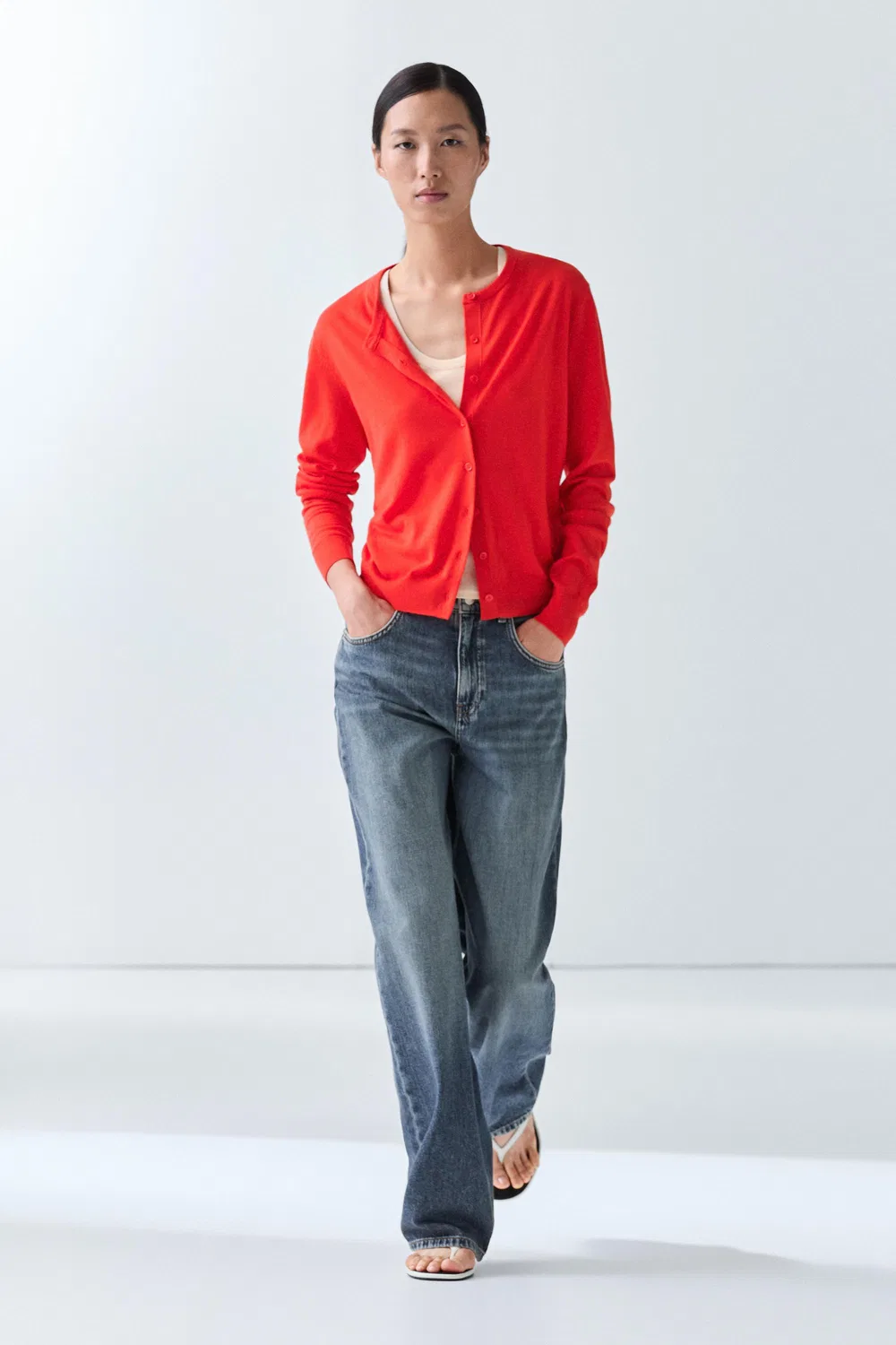 Кардиган Massimo Dutti Fine-Knit Round Neck, оранжевый — фото 3