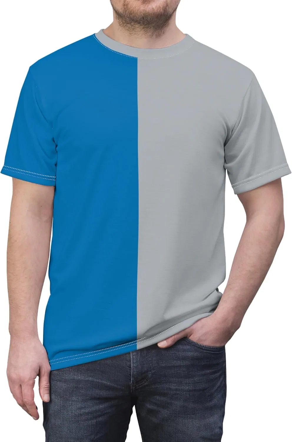 Футболка с половиной синего и половиной серебристого, White Stitching