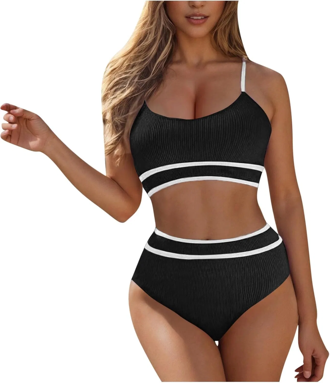Женский бикини-сет рифленый Color Block High Waisted, Black