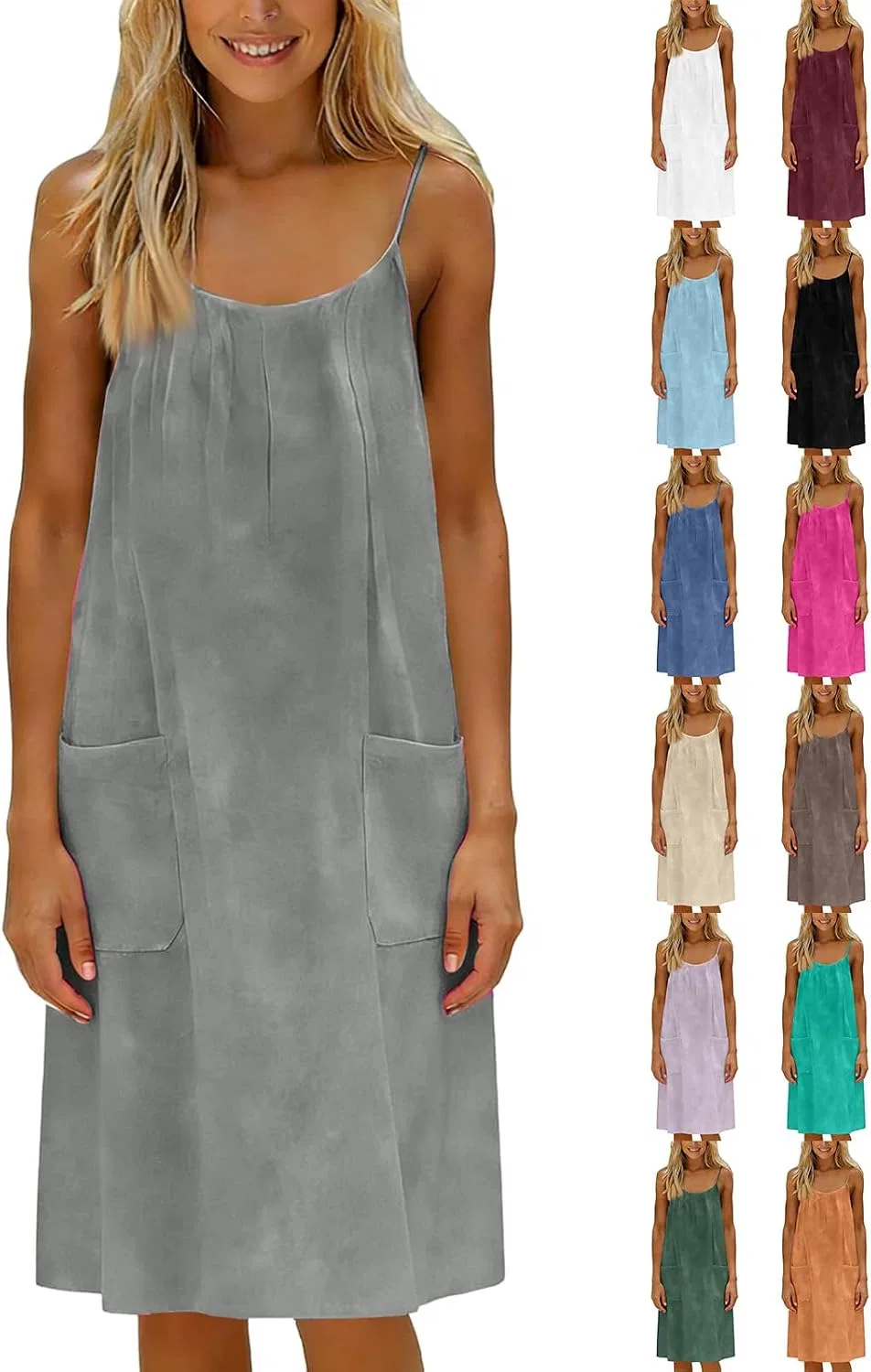 Женское ками-платье без спинки с рюшами на завязках, Knee Length, Summer Dress, Gray