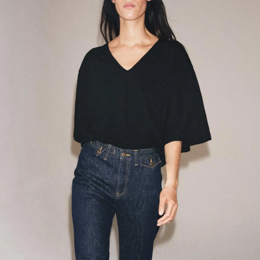 Женская футболка с V-образным вырезом Black ZARA, Черный — фото 4