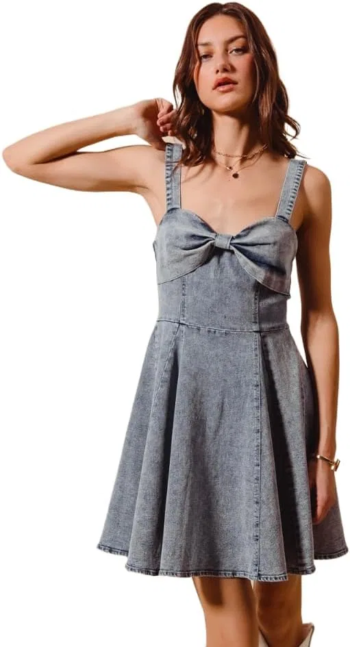 Женское джинсовое платье с бантом Mineral Washed Bow Ribbon Denim Flare, Denim