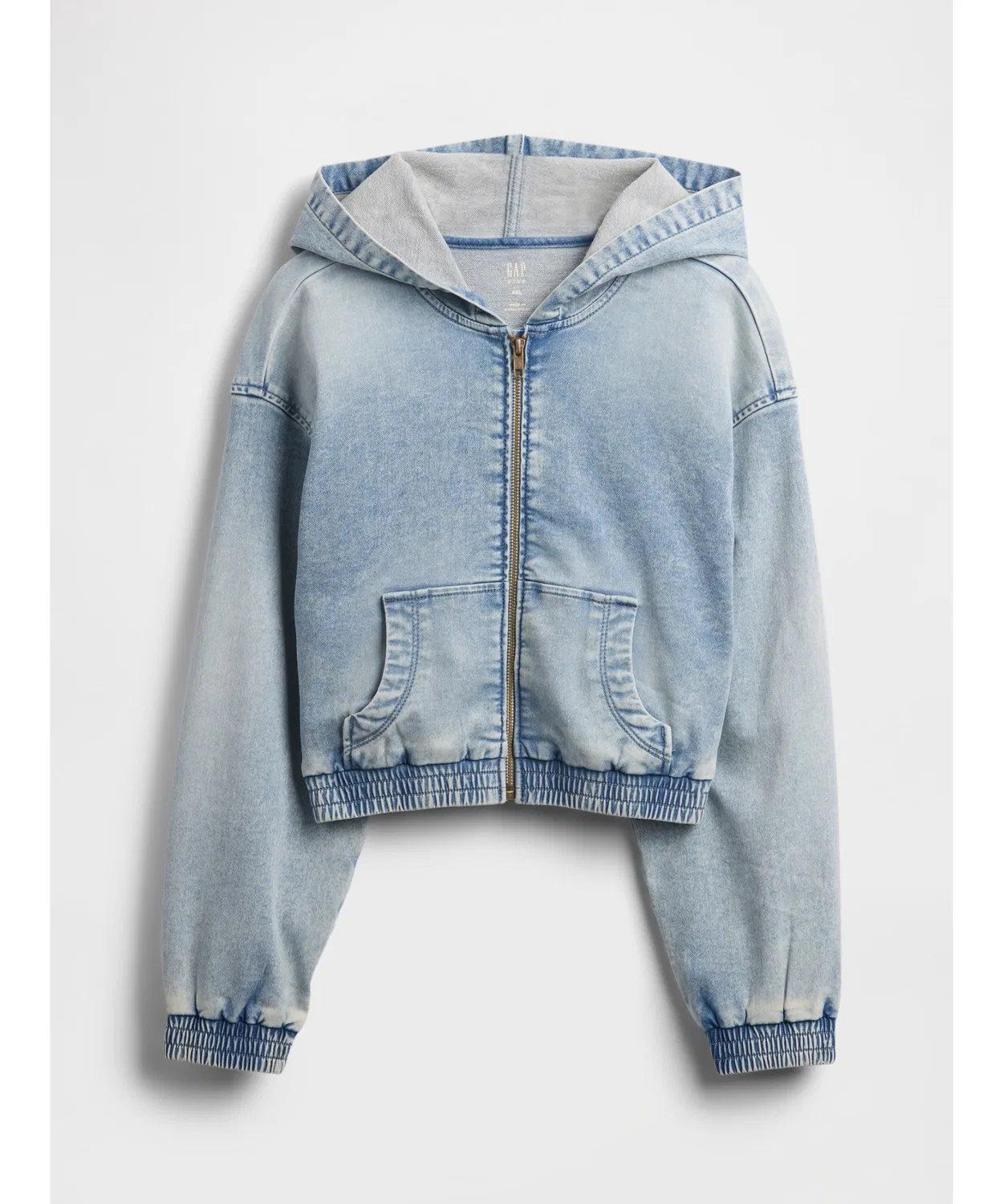 Детский джинсовый худи с капюшоном, молнией, короткий GAP, Light Indigo Blue